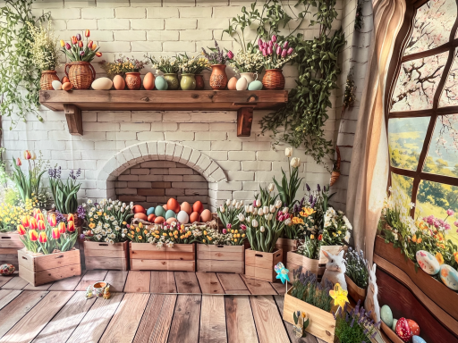 Bunte Frühlingsblumen und dekorierte Ostereier in einer gemütlichen Innenraumszene.