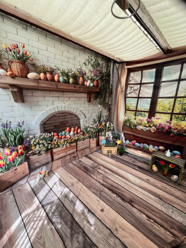 Gemütlicher Raum mit Holzböden, Blumenarrangements und einem Kamin. Helle Fenster bieten Aussicht.