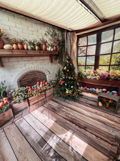 Ein gemütlicher Raum mit Blumen, einem Weihnachtsbaum und Holzregalen.